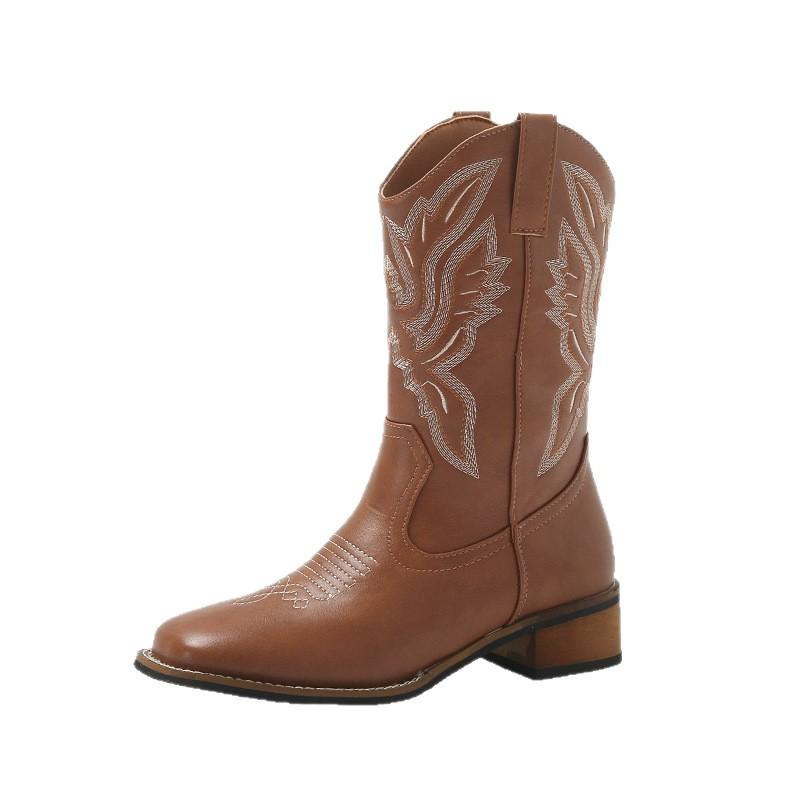 Cowhide version~ 2025 new embroidered long knight boots square head thick heel boots autumn leather western cowboy boots women