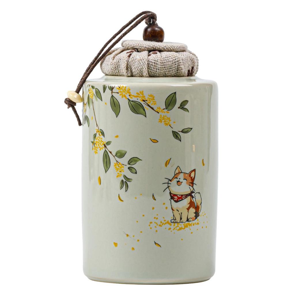 Osmanthus Kitten Exquisite Ash Wood Ceramic Tea Storage Can