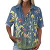 Women Vintage Floral Print Short Sleeve Shirt Loose Fit Button Down Collar Top Casual Linen Cotton Blend Blouse