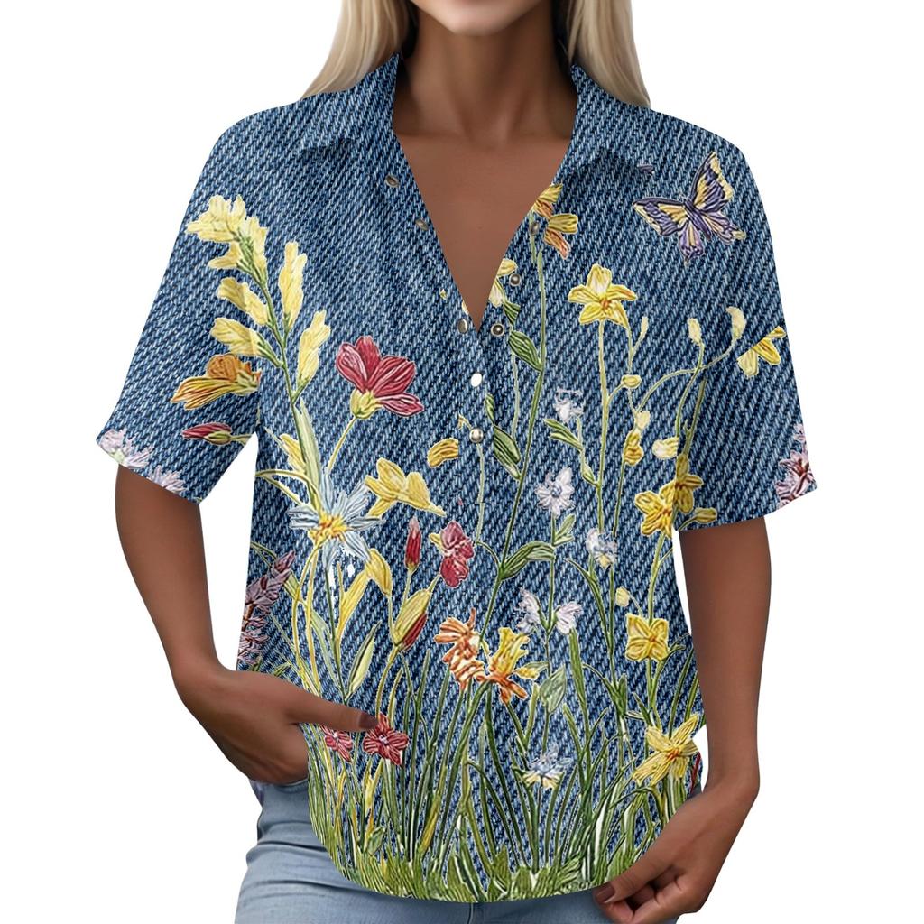 Women Vintage Floral Print Short Sleeve Shirt Loose Fit Button Down Collar Top Casual Linen Cotton Blend Blouse