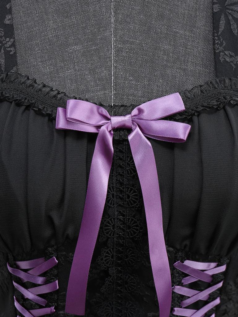 Rosegal Gothic Daisy Flower Jacquard Bowknot Lace Up Ruffles Cinched Chiffon Trim Patchwork A Line Tank Dress