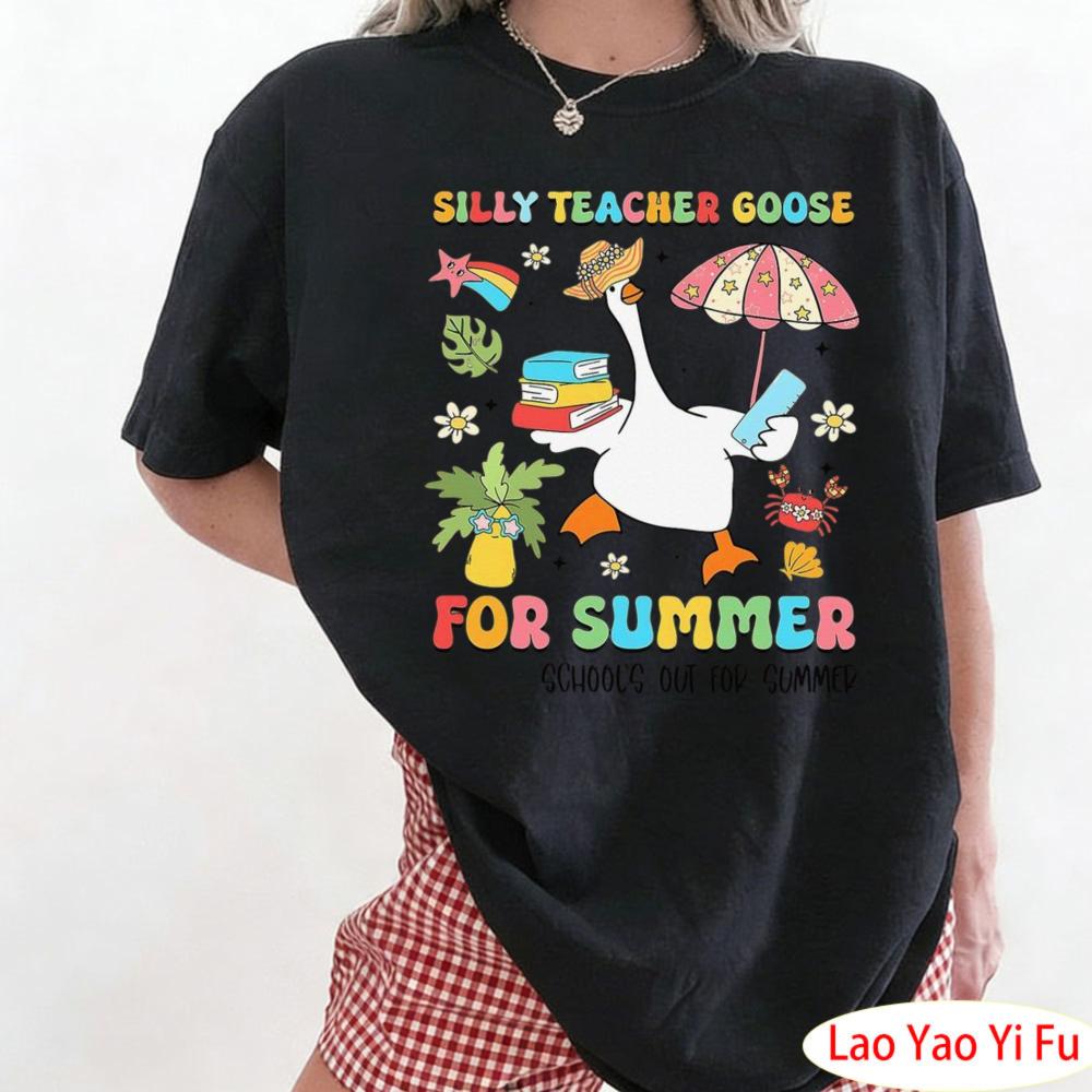Cute Cartoon Duck Printt Shirt Colorful Graphic Print Tops Silly Teacher Goose on The Loose Summer Clothes Streetwear