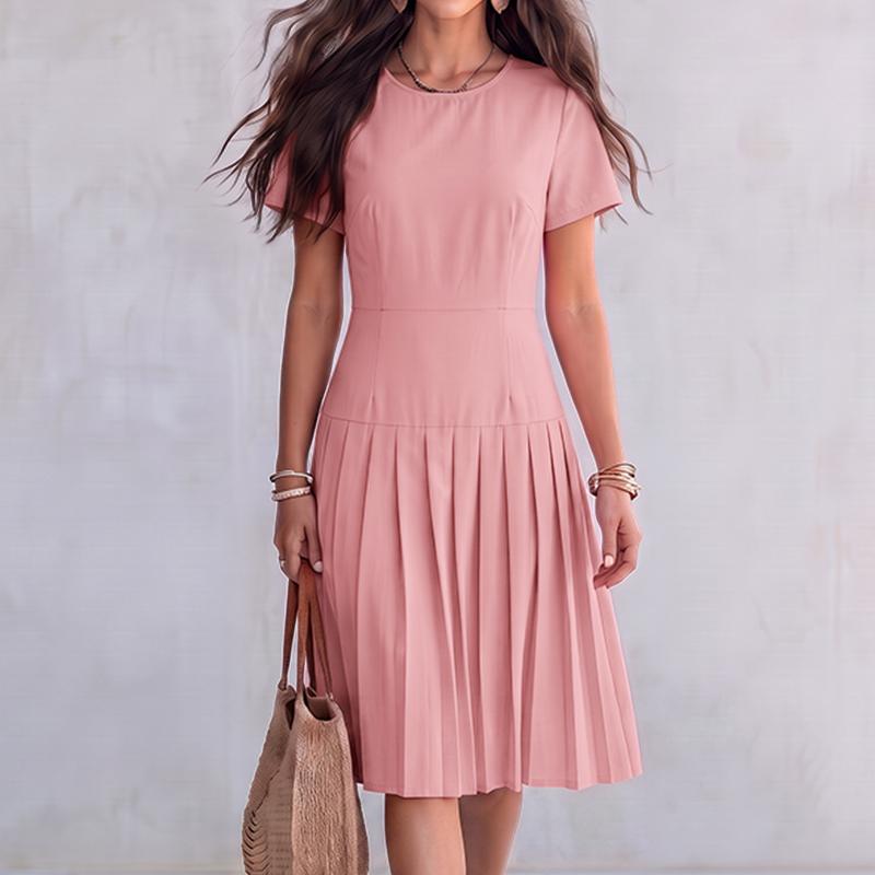 ZANZEA Women Casual Round Neck Solid Color Short Sleeve Summer Pleated Dress