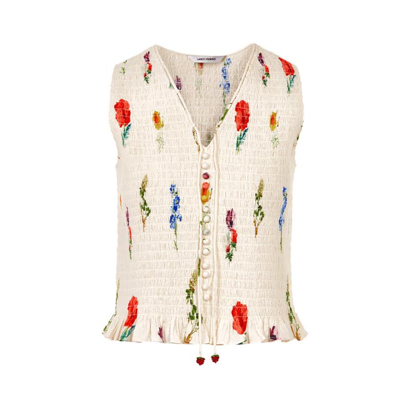 Langzi Cotton V-Neck Sleeveless Floral Top L