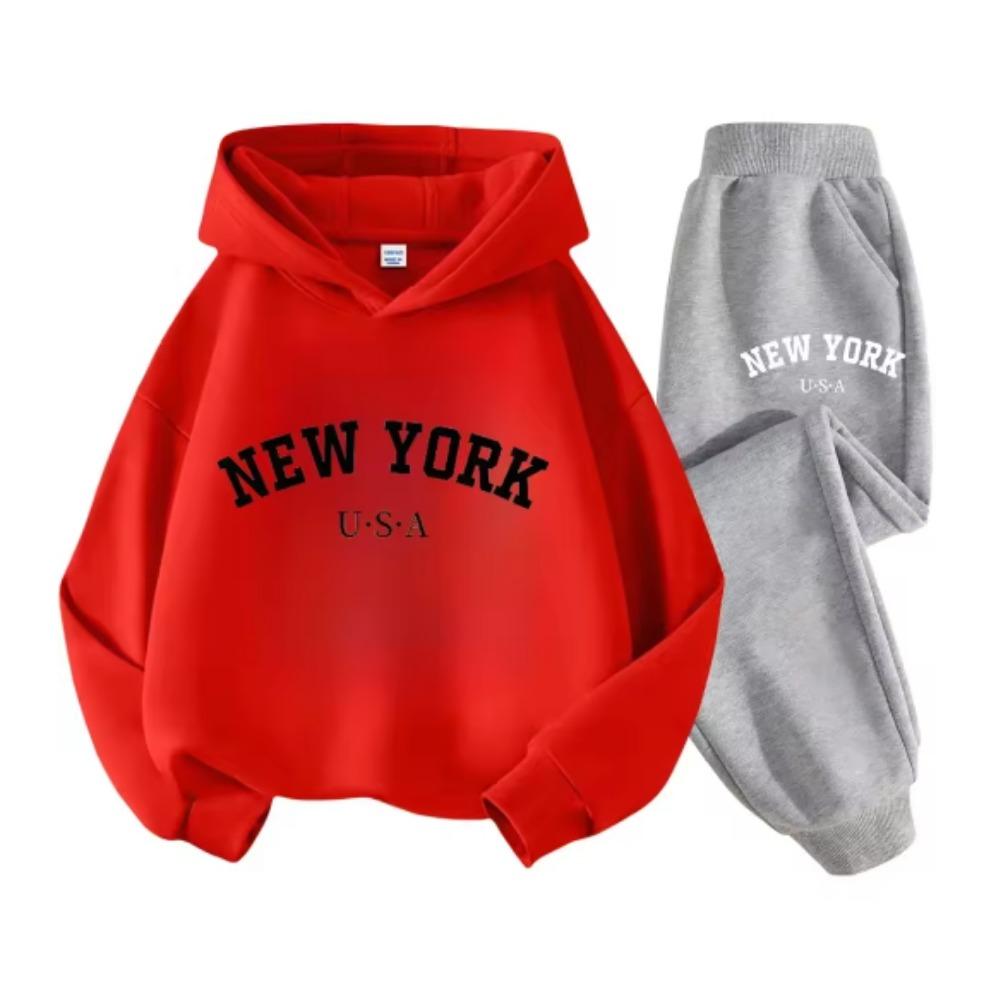 Children's Letter Print Boys and Girls Hooded Suit Autumn and Winter Long-sleeved Sweatshirt + Pants Sweatshirt Two-piece Set