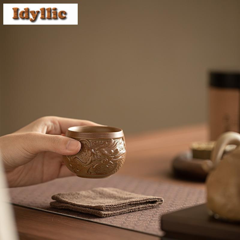 2pc/lot Coarse Pottery Dragon Pattern Teacup Luxury Tea Bowl Mug Tea-tasting Meditation Cup Chazhan Master Cups Teaware 100ml