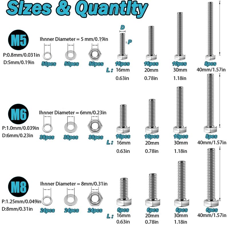 448PCS Stainless Steel Metric Bolt Assemblies, M5 M6 M8, Nut and Bolt Set Flat Washers and Spring Washers, Hex Head Screw Bolt a