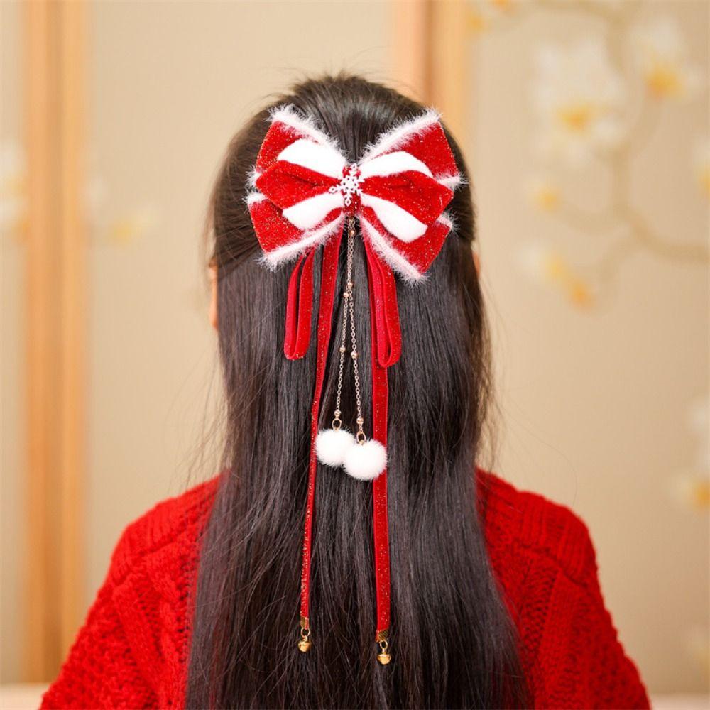 Tassel Red Bow Hair Clip Lion Embroidered Bow Headwear Children's Chinese Hairpin Decoration
