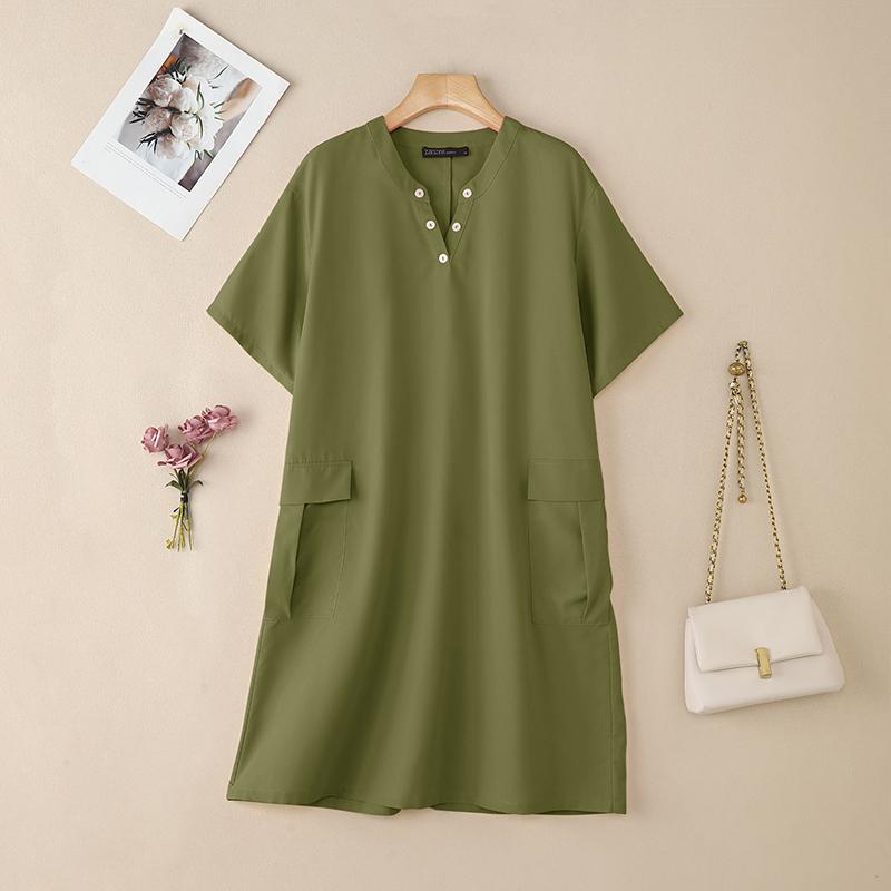 ZANZEA Women Turn Down Collar Summer Short Sleeve Casual Dress