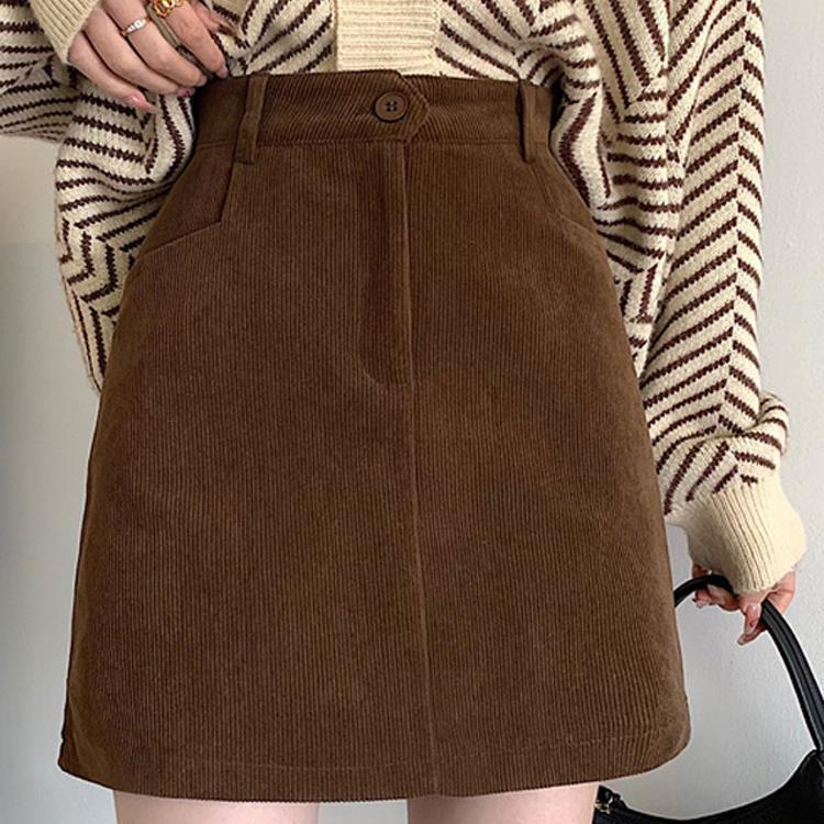 Fustă scurtă de damă 2024 Petite Slimming A-line din reiat cu talie înaltă, toamnă/iarnă, culoare cafea