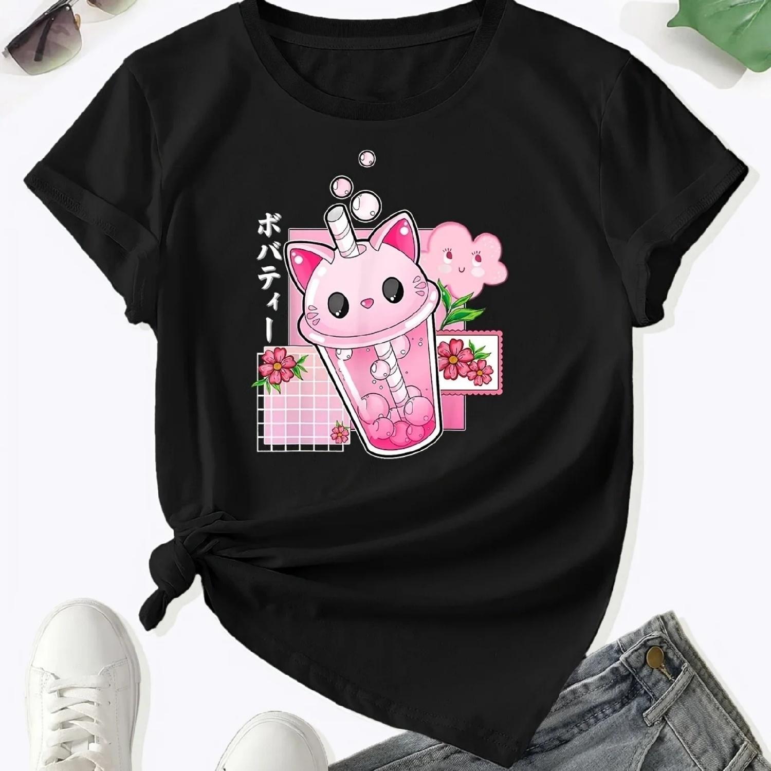

Boba Tea Cat Bubble Print T-shirt Cute Round Neck Short Sleeve T-shirt Spring and Summer Women s Clothing Vintage Graphic Y2K XXXXXL різнокольоровий
