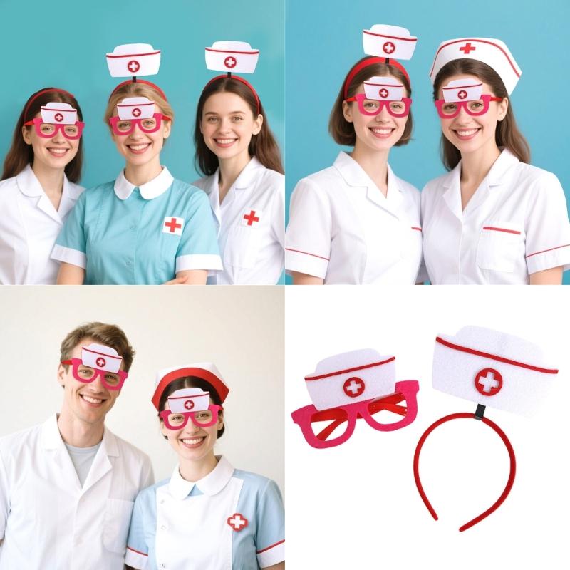 Nurse Costume Accessories Nurse Caps Glasses Nurse Headband Party Eyewear for Nurse Graduation Party Halloween Cosplay