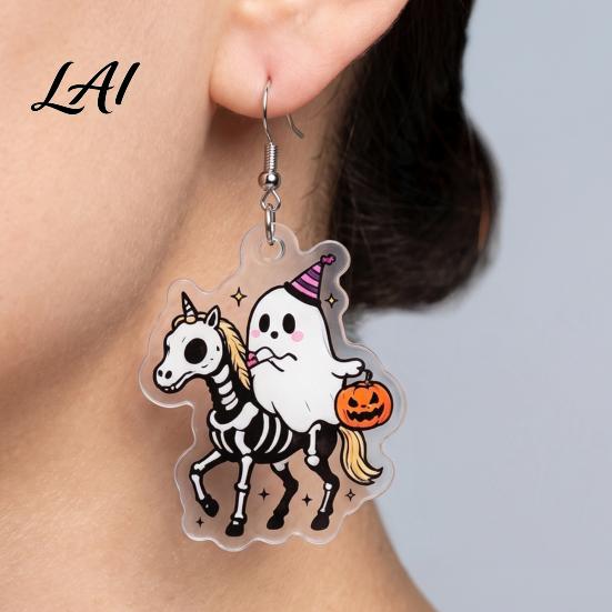 Unique Gothic Dangle 1 Pair Acrylic Halloween Earrings for Women 2D Flat Cute Cartoon Playful Dark Style Ghost Skull Drop Earrings Holiday