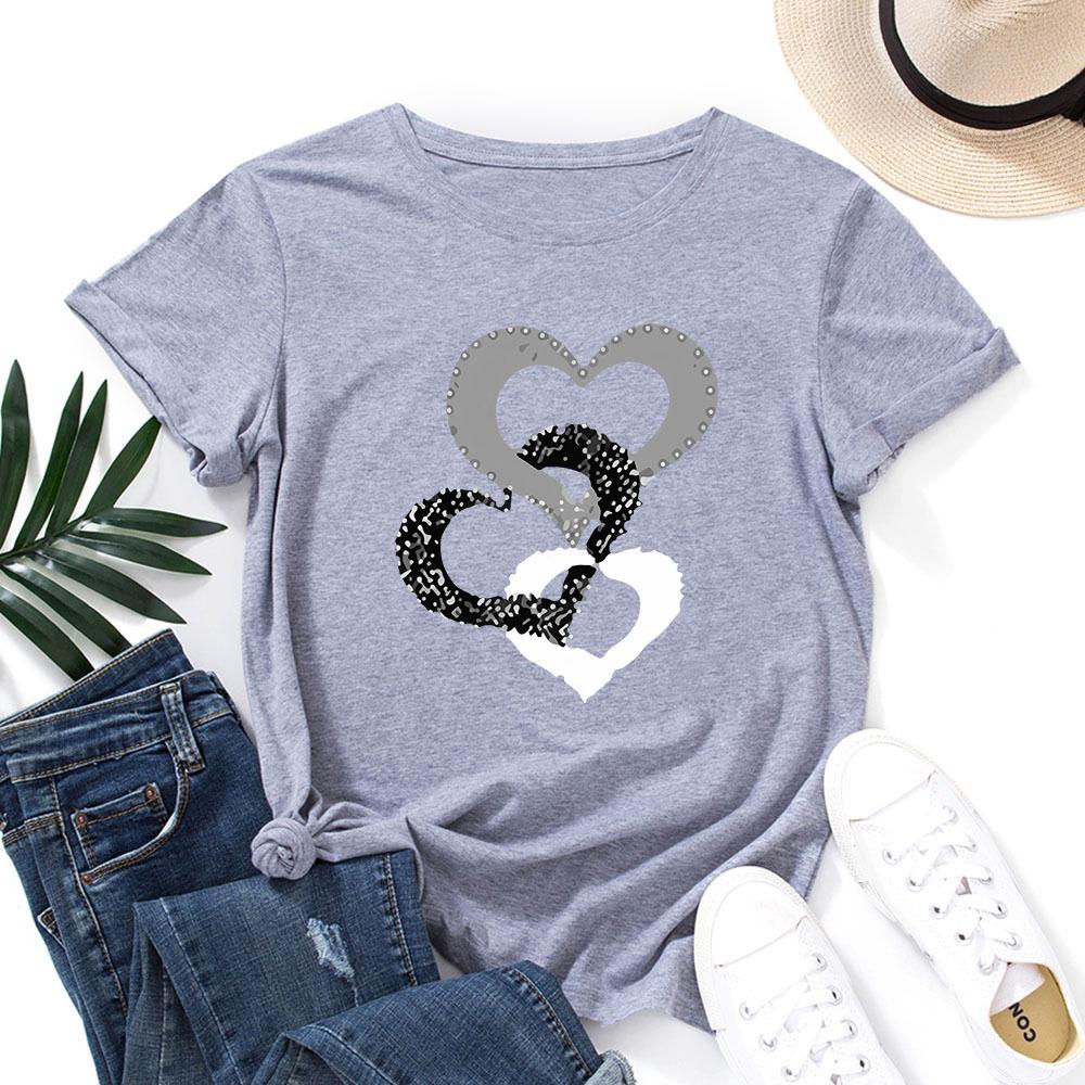 3 Circle Heart Pattern Cotton T-Shirt Short Sleeve Round Neck Women 2d Print Tops