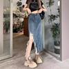 Plus Size High Waist Ripped Denim Midi Skirt - Summer Slimming A-line with Irregular Slit