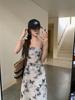 Fashion elegant and cold ink butterfly suspender dress, summer new pleated waist thin floral long skirt