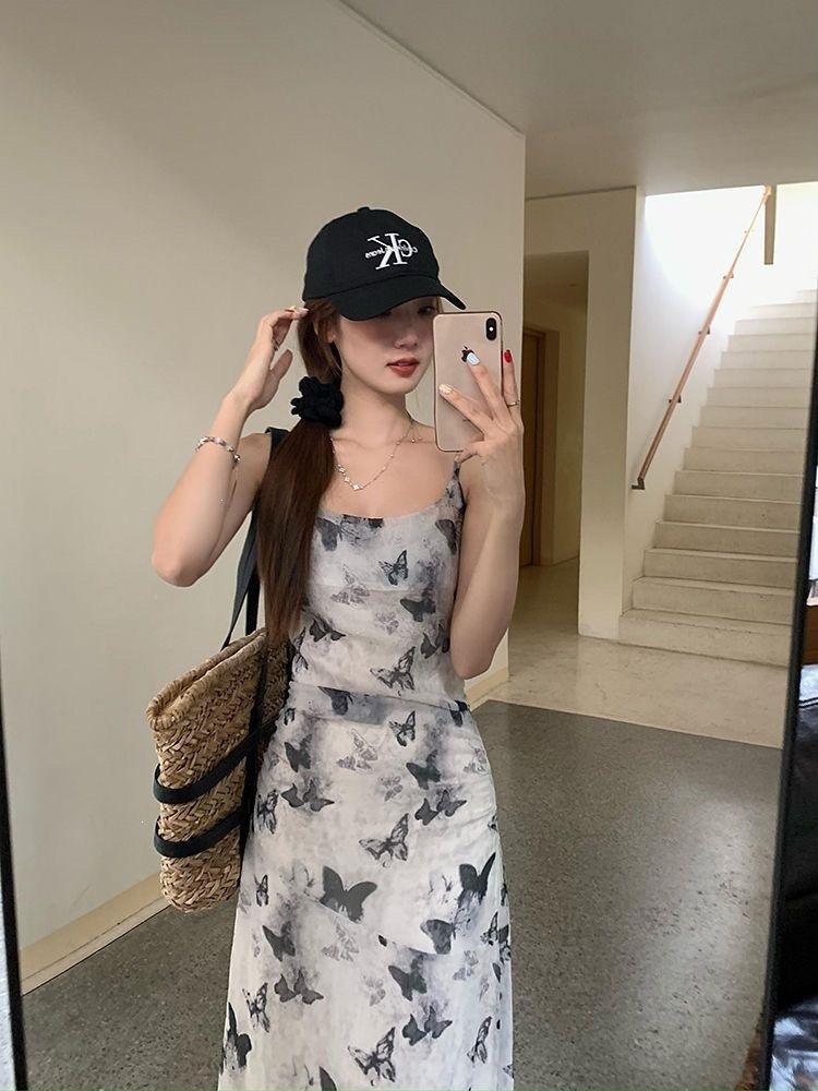 Fashion elegant and cold ink butterfly suspender dress, summer new pleated waist thin floral long skirt