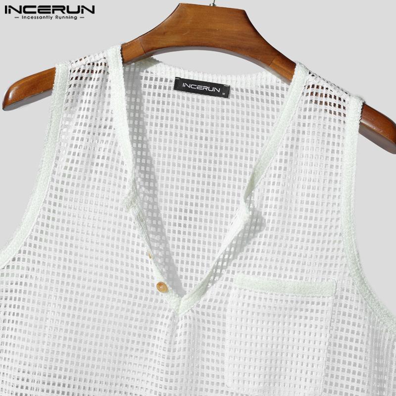 INCERUN Men V Neck Sleeveless Hollow Mesh See Through Party Beach Tank Tops
