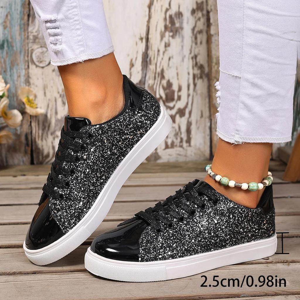 Fashion 2025 New Women Sneakers Fashion Glitter Leather Flat Shoes Big Size Shoes Woman Comfort Lace-up Casual Sneakers Zapatos De Mujer