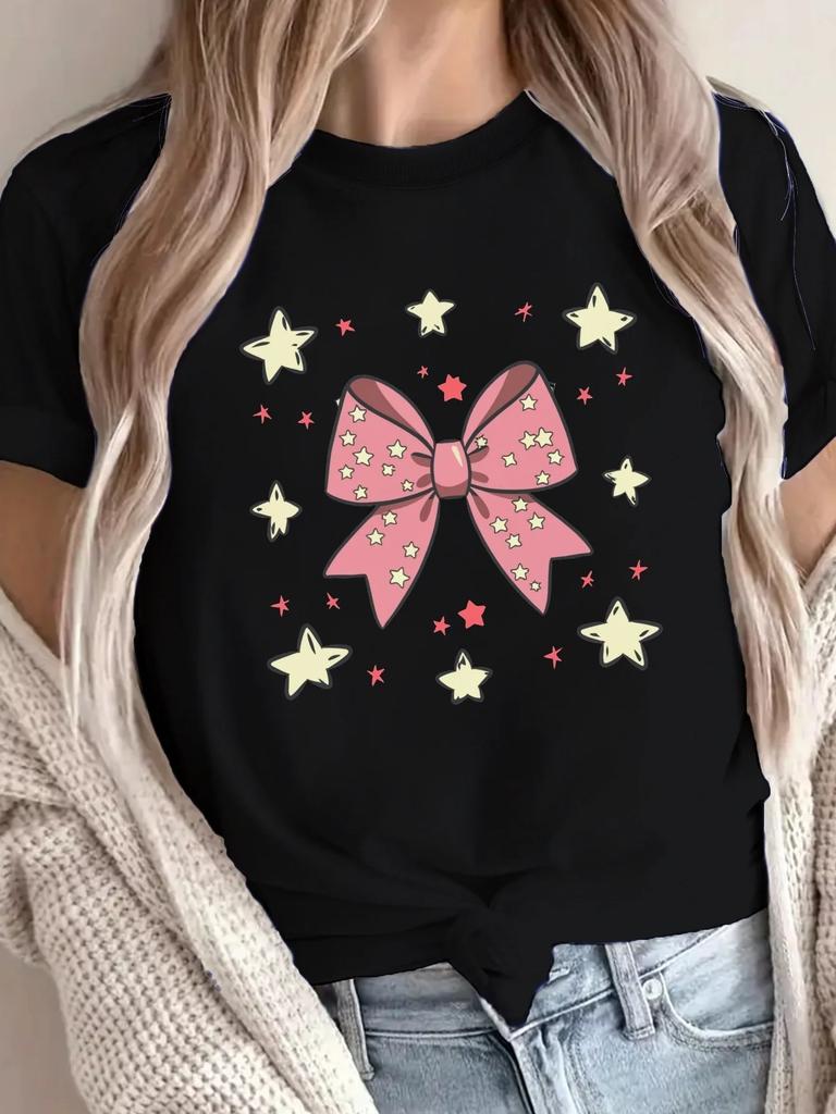 Lustiges T-Shirt Rosa Schleife Sternenprint T-Shirt Damen Harajuku Kurzarm Lässig Damenbekleidung Street Tops Ästhetische Kleidung