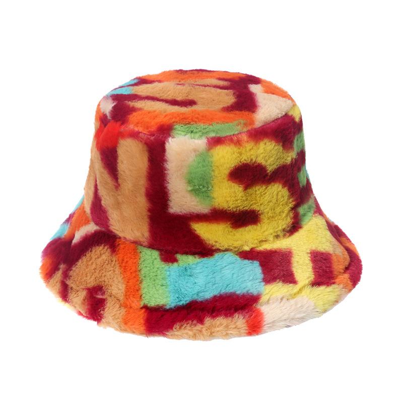 European and American Internet Celebrities Basin Hat Imitation Rabbit Fluffy Hat Autumn and Winter Fashion Trend Color Letter Bucket Hat 