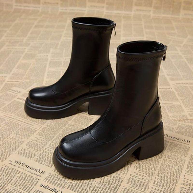 Black Thick-soled Martin Boots Women's New Autumn and Winter Velvet High-heeled Thin Boots Thick-heeled Short Boots