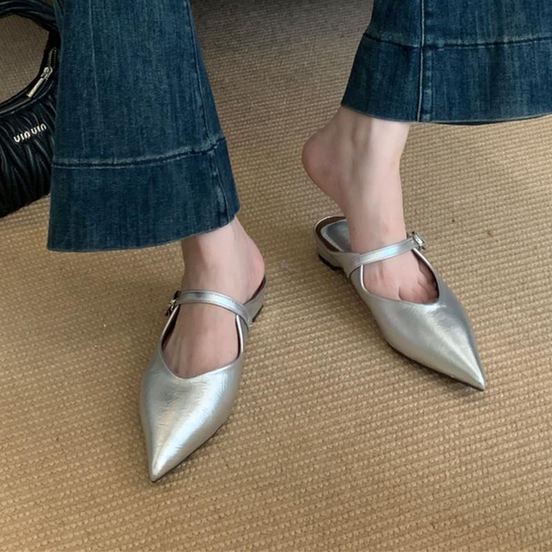 Fashion Bailamos New Brand Women Mules Shoes Fashion Pointed Toe Shallow Slip On Slipper Shoes Flat Heel Dress Sandals Mujer
