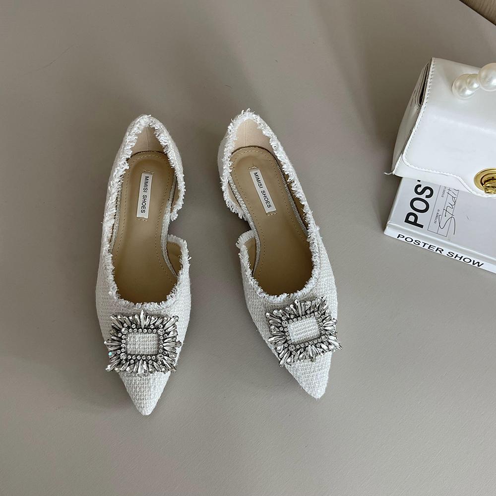 Mode Spetsig Tå 2024 Nyheter Dam Loafers Klänningsskor Casual Tofflor Mules Skor Svart/Vit Strassspänne Balettloafers