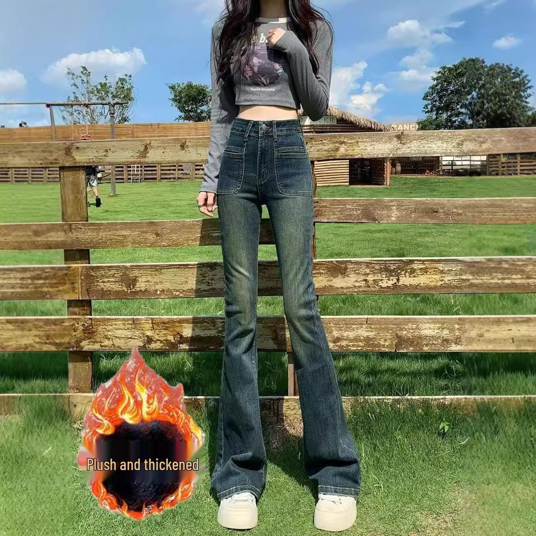 

2024 High Waist Cement Slimming Stretch Retro Flared Petite Jeans - Autumn M [Recommended 95-105 jin]