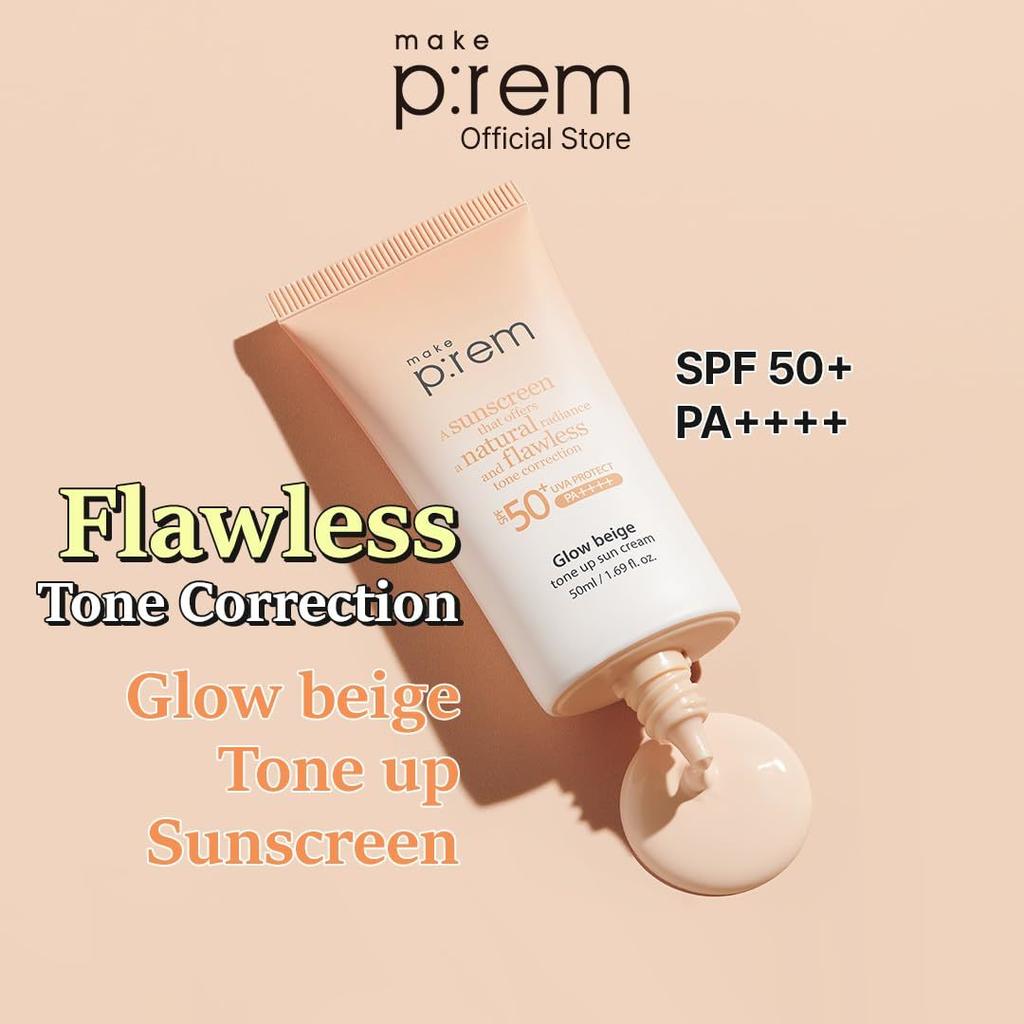 MAKE P:REM Glow Beige Tone Up Sun Cream SPF50+ PA++++  50ml, Long-lasting Tone Up, Moisturizing, Korean Cosmetics, Kbeauty
