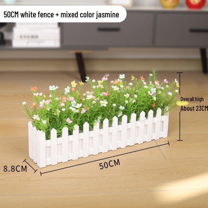 Silk Flower Pot with Wood Fence: Decorative Bonsai for Living Room or Office.