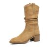Krazing Pot Cow Suede Nubuck Winter Round Toe Modern Boots Med Heels Slip On Pleated Decoration Women Mid-calf Boots