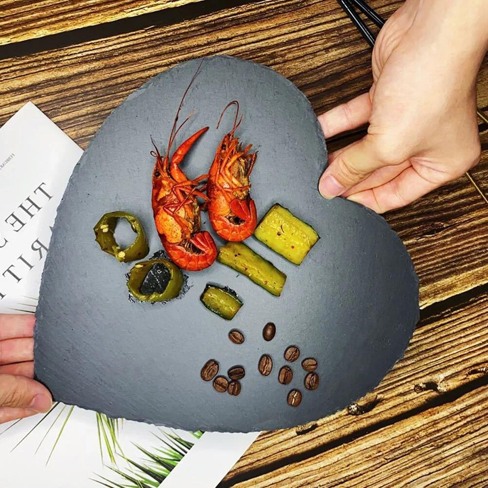 3Pcs Natural Slate Steak Plate Heart Shaped Dessert Dish Dinner Plate Food Storage Plate 15*15cm