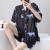 Summer cotton silk pajamas women's thin short-sleeved cardigan cute bow can be worn outside artificial cotton loungewear set