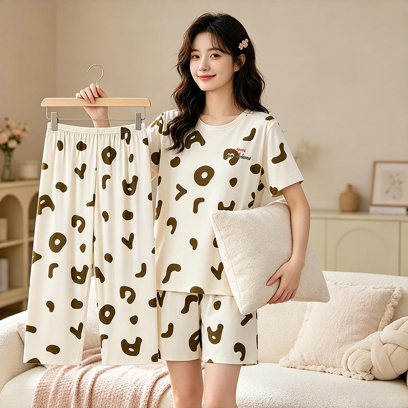 Summer cool air-conditioned room pajamas women's summer round neck short-sleeved cropped pants three-piece set high-end loungewear
