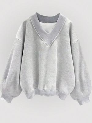 Korean Style V-Neck Grey Sweatshirt, Short Sleeve, Casual Loose Fit, Comfortable Autumn Top.