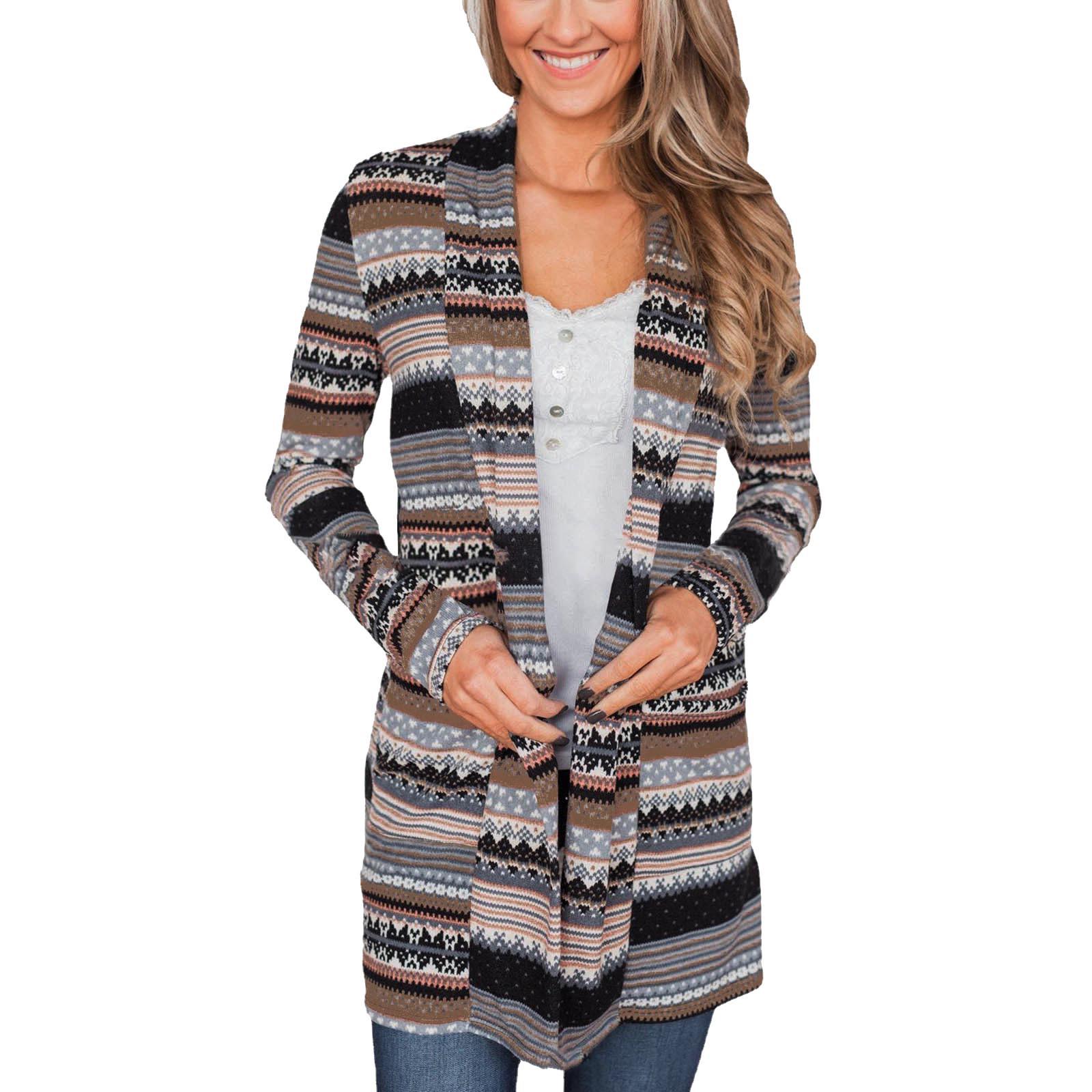 

Женские повседневные вязаные кардиганы с длинными рукавами и открытой передней частью, легкие карманы с узором в полоску XL розовый