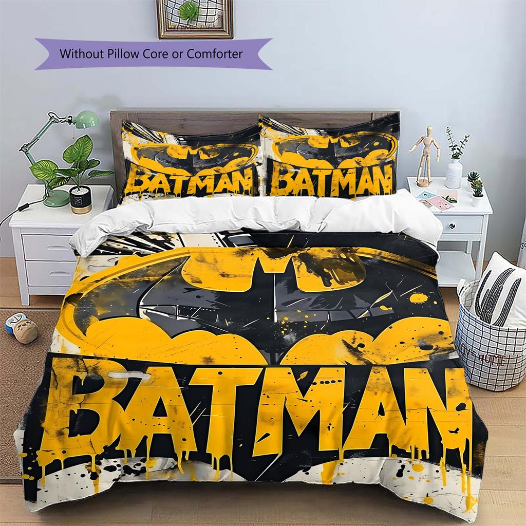 Batman Muster Bettwäsche Bettdecken-Set Heimdekoration Geschenk (1 Bettbezug + 2 Kissenbezüge (ohne Füllung))