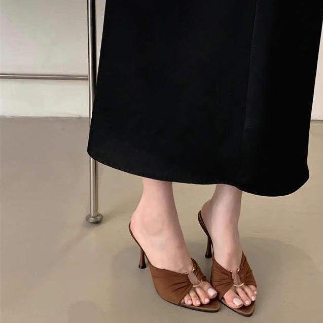 Folded fashion metal buckle pointed toe sandals sexy stiletto women's shoes 2025 summer new stiletto high heels