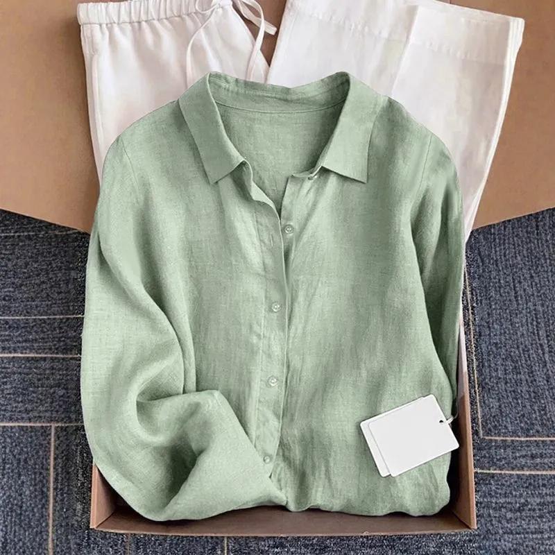 Camicia da donna in lino stile francese per la primavera/estate: Top casual a maniche lunghe in cotone e lino, dalla vestibilità morbida