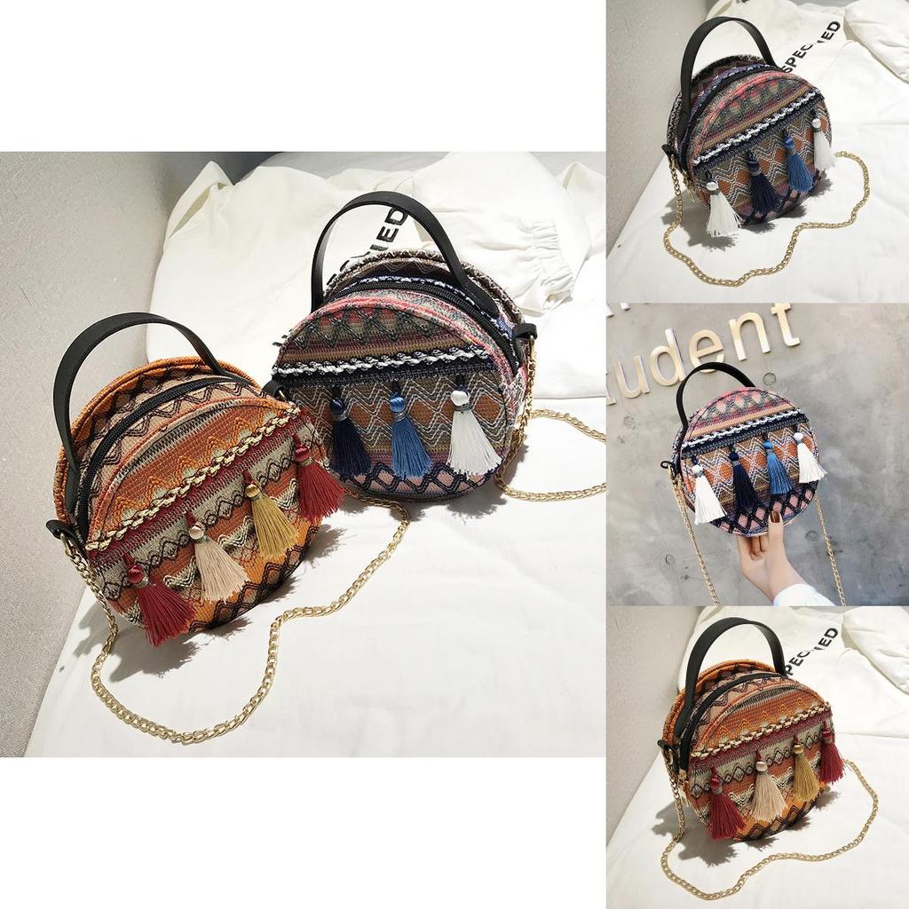 Korean Style Small Round Shoulder Bag With Chain Strap And Tassel For Girls