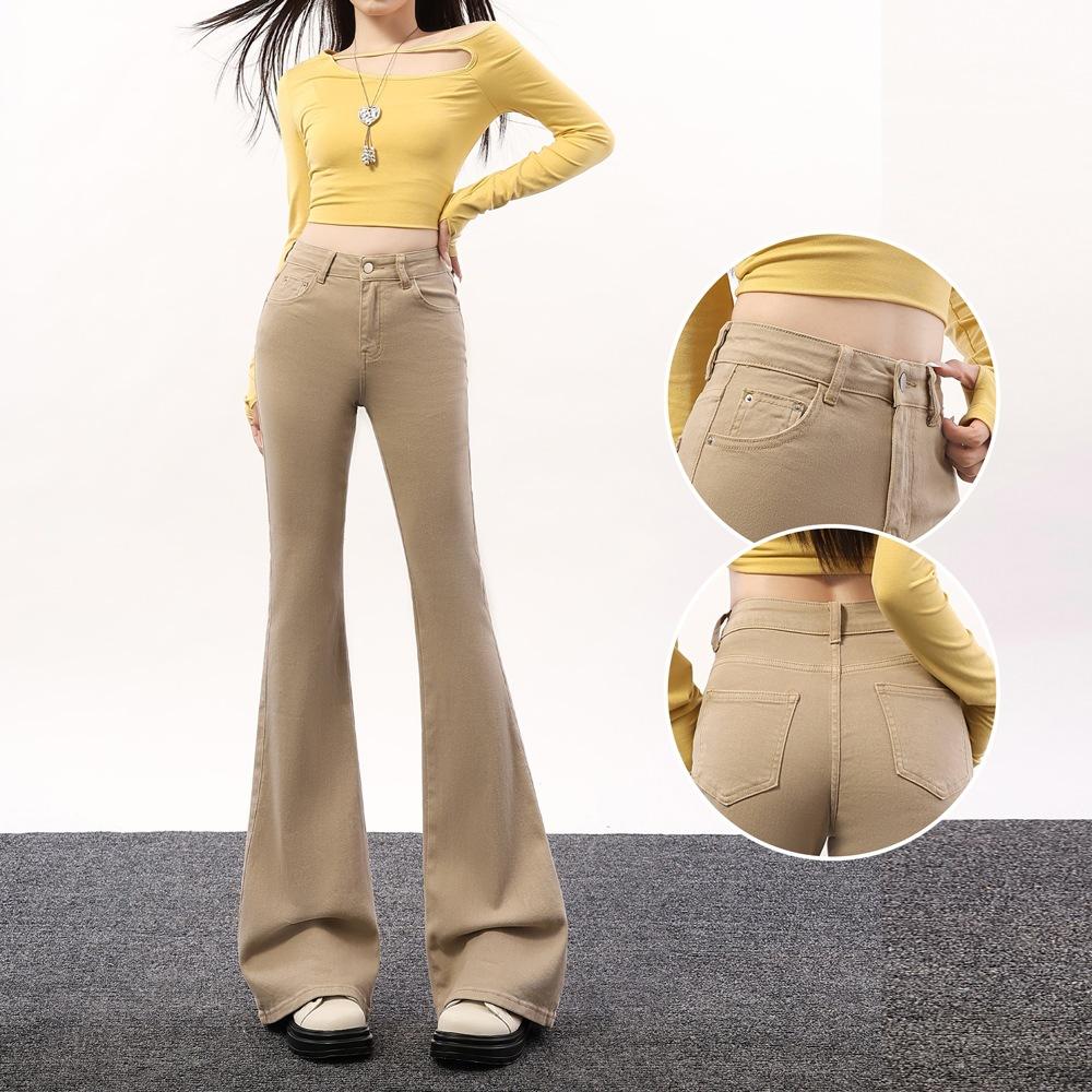 New milk tea gray cotton elastic slightly pulled jeans women lengthened tall autumn and winter slim and thin horn
