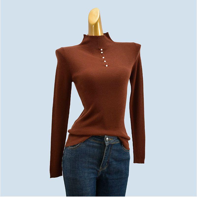 Soft Glutinous Six Wool Shirt Beaded High Elasticity Half-High Collar Long Sleeves Bottoming Shirt Female Slimming Inner Knitting Tops