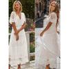 Cross Semi-Sheer Plunge V-Neck Short Sleeve Lace Maxi Dress
