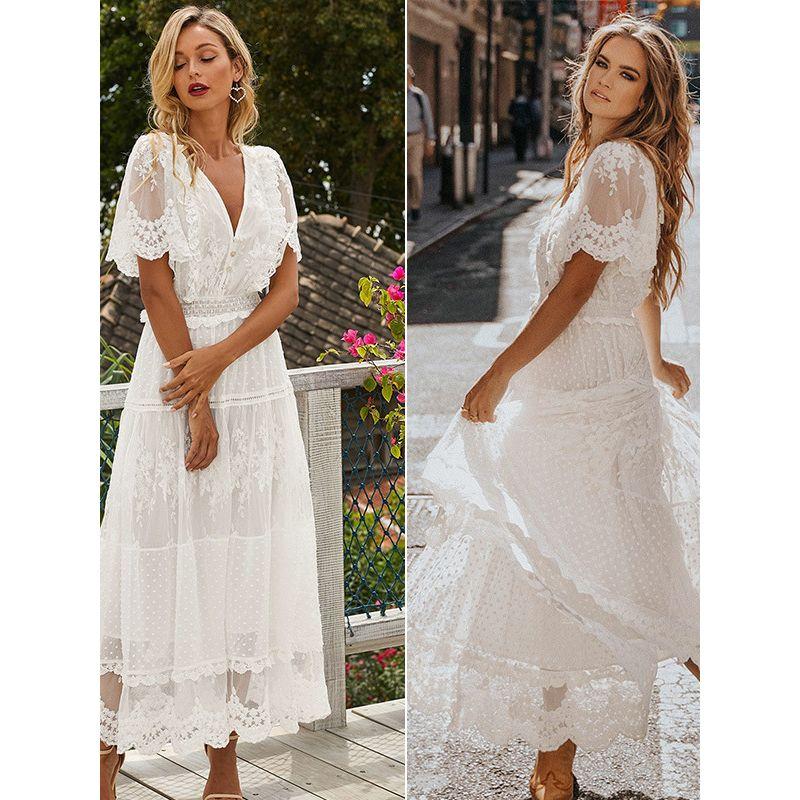 Cross Semi-Sheer Plunge V-Neck Short Sleeve Lace Maxi Dress