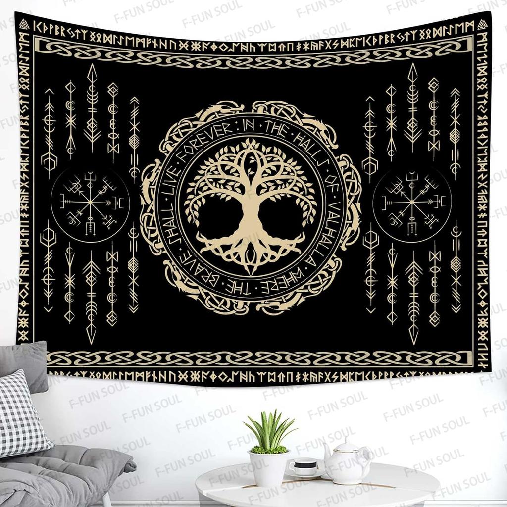 VIKAMA Viking Rune Tapestry Black Background with Gold Double Dragons Norse Mythology Living Room Study Game Room Wall Decor