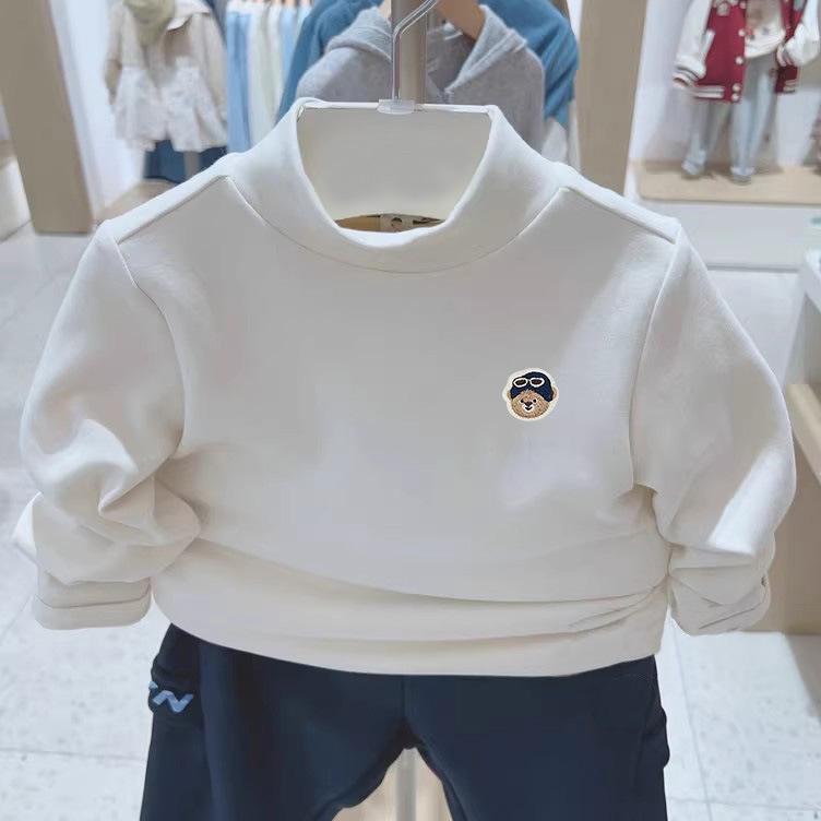 Kids' Long-Sleeve Cotton T-Shirt - Korean Style, Semi-High Collar, Spring/Autumn Wear