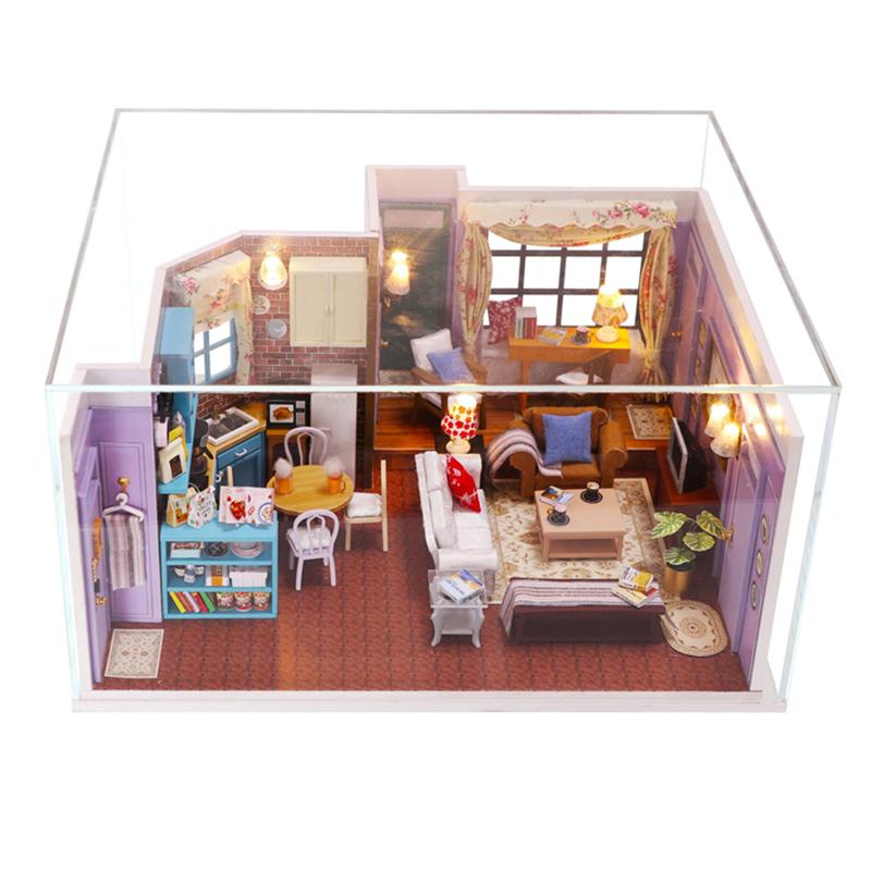 DIY Wooden Sheldons's Apartment Casa Miniature Building Kits Bookend Lights Assembled Bookshelf Home Decoration Friends Gift