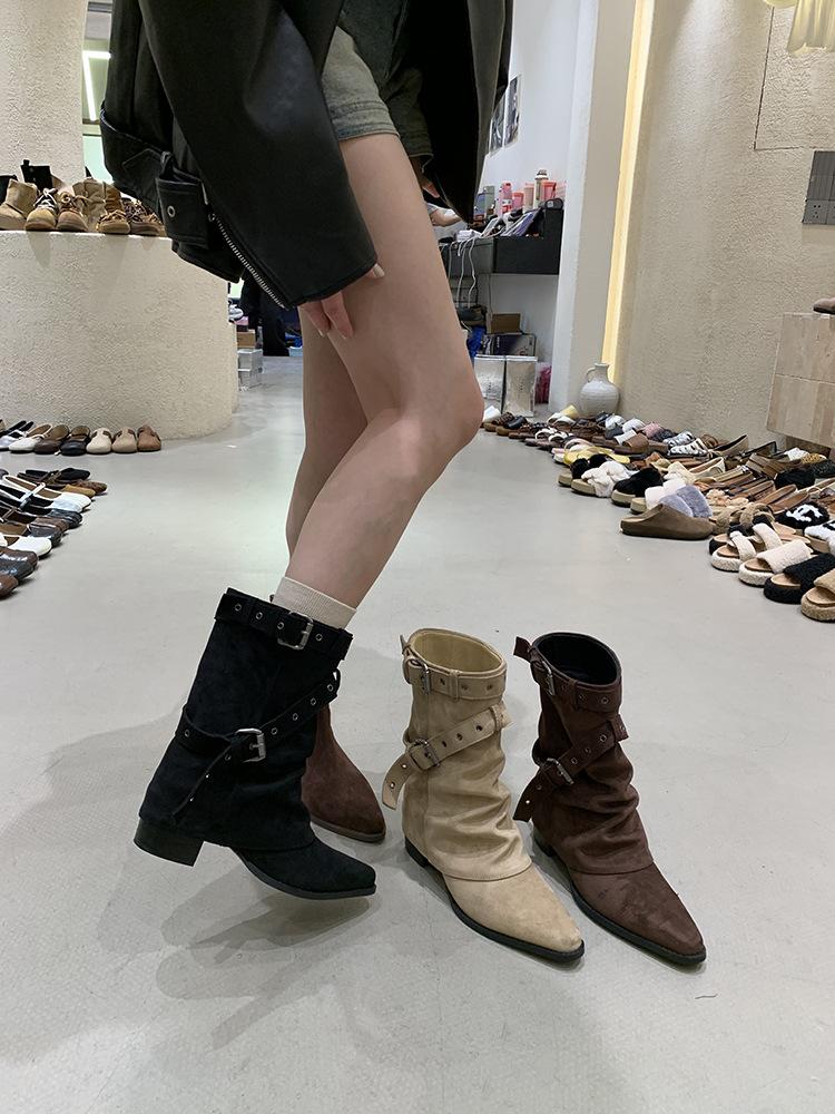 

Американские Spice Girls Пряжка для ремня Брюки Ботинки Ботильоны Женские ботинки 2025 Ранняя осень Новый нишевый дизайн Ботильоны Ботинки в западном стиле 40 темно-коричневого