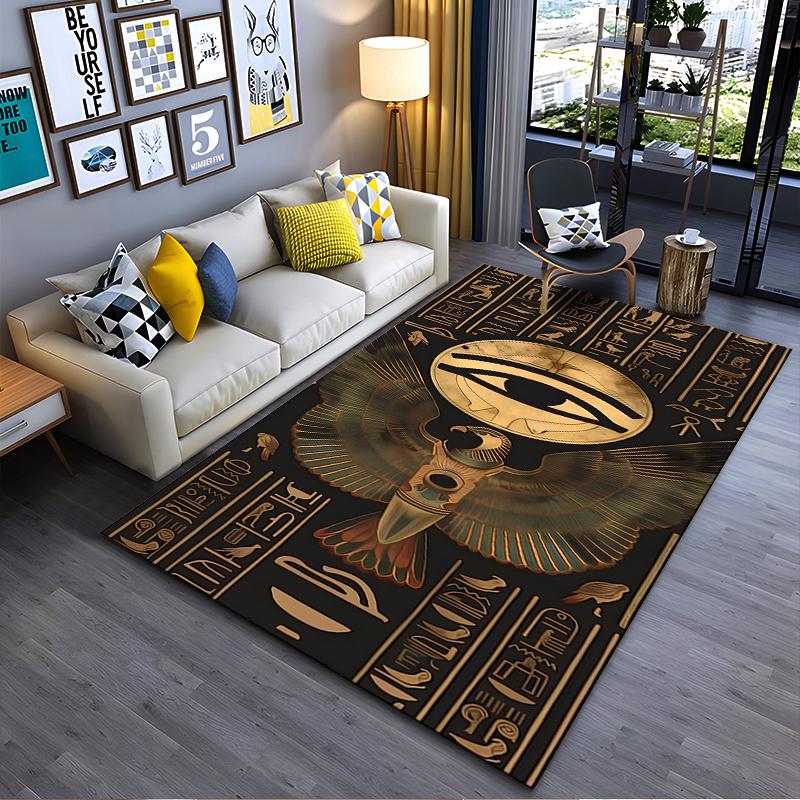 Area Rug, Eye of Horus Gold Eagle Falcon Egyptian Hieroglyphs Dark Print, Living Room Decor, Non-Slip Mat